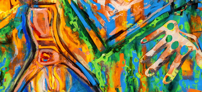 Close up of Marilyn's painting titled 'Upside Dow'